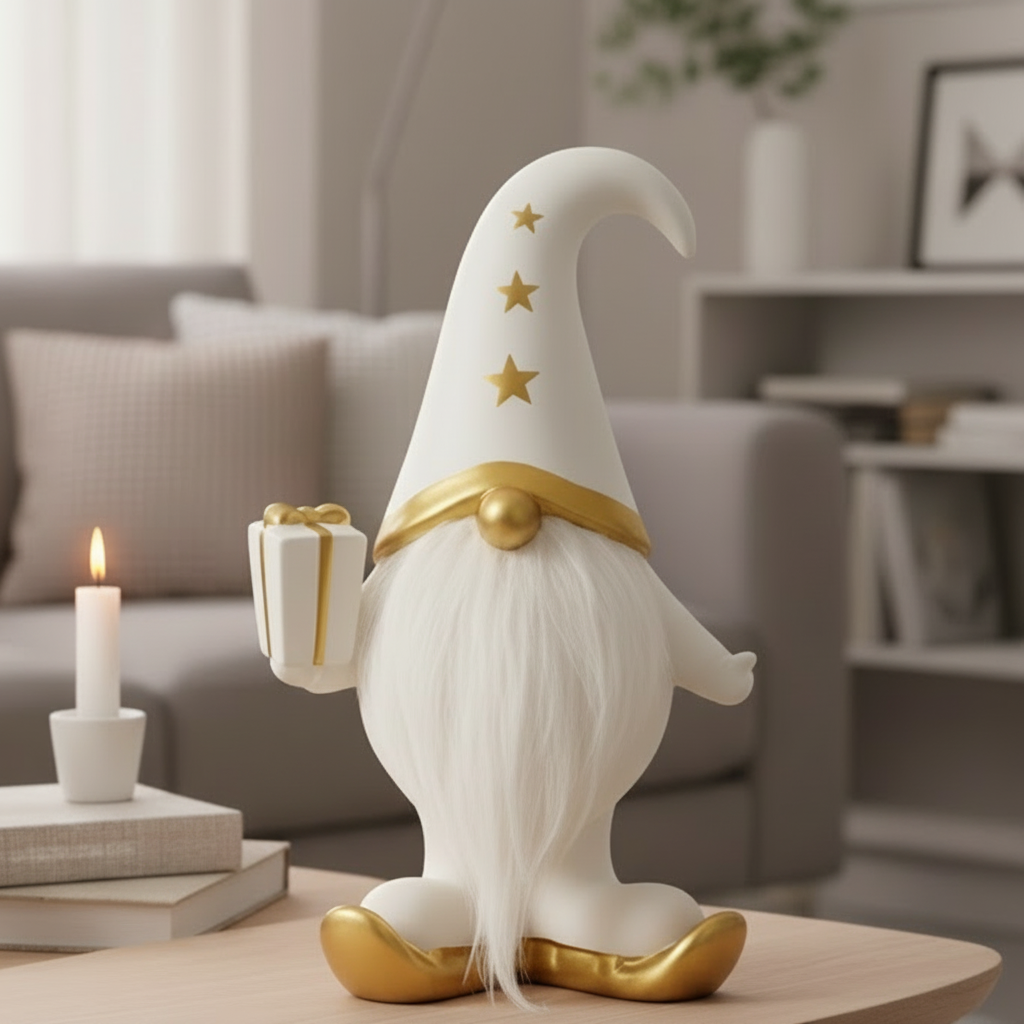 Mats nissefigur i hvitt porselen med gullhatt, 29 cm høy julepynt