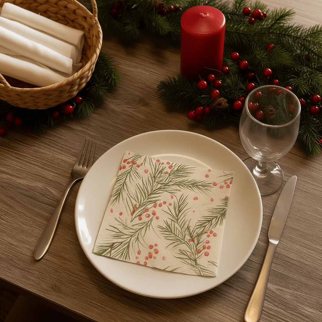 Julepyntet bord med hvit tallerken, glass og bestikk, dekorert med serviett med granbar og røde bær.