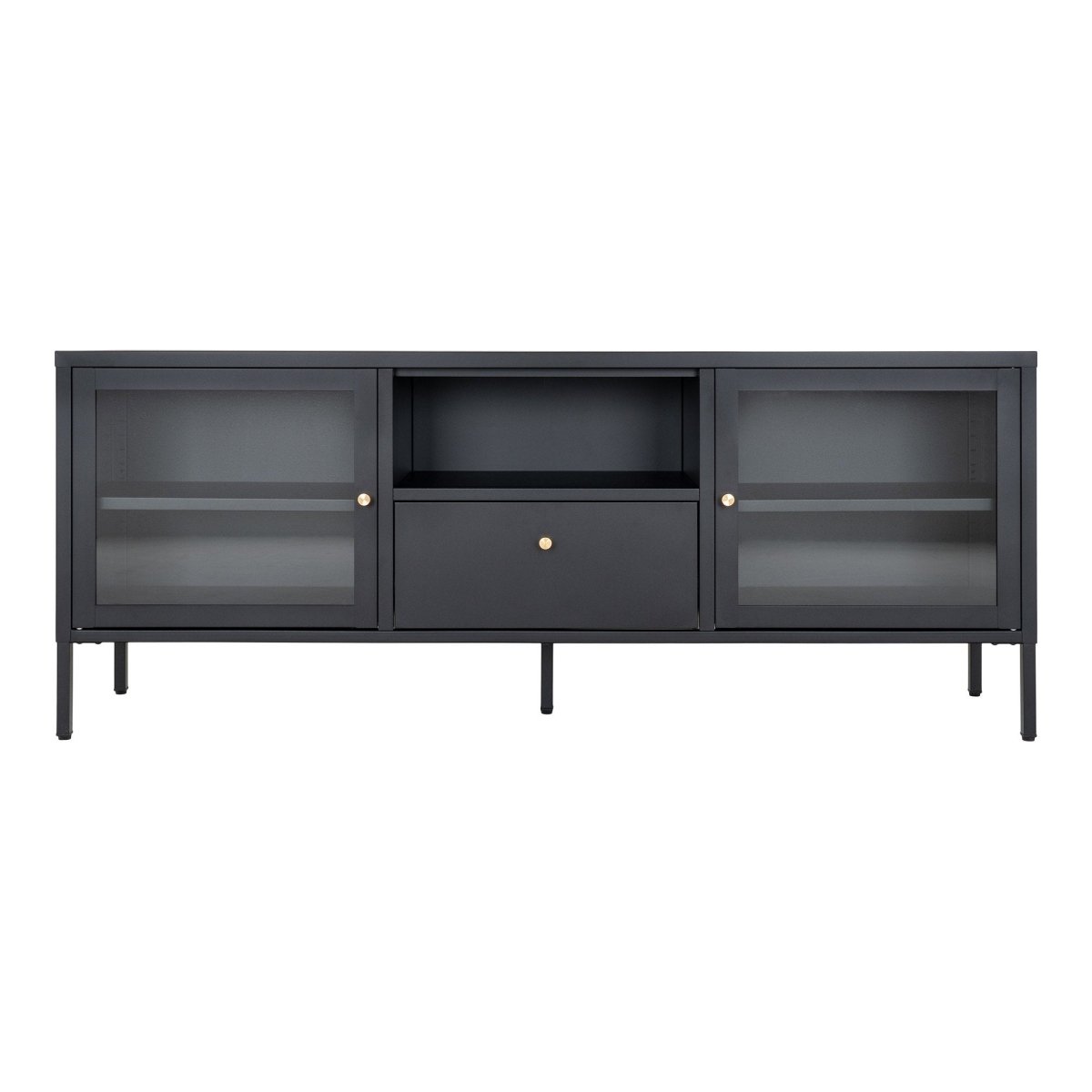 Dalby TV-benk med 2 glassdører og 1 skuff i sort stål – 150x35x60 cm