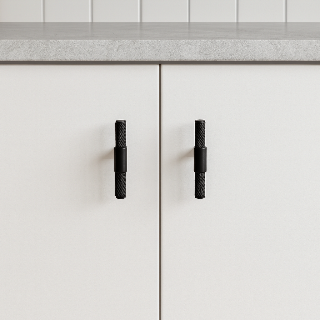 Stockholm T-bar håndtak i sort, 80 mm – moderne og stilrent valg til skuffer og skap.