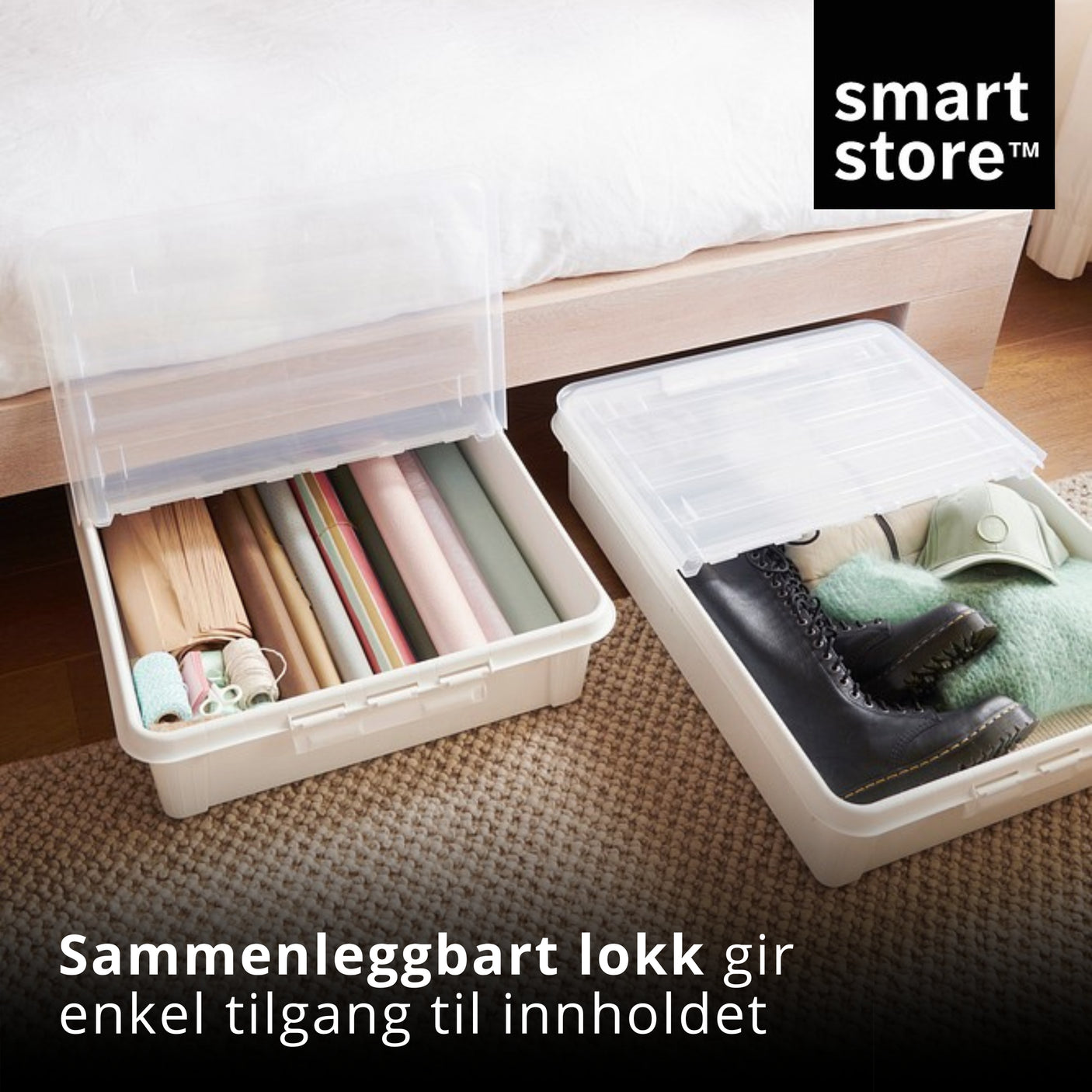 Oppbevaringsboks under seng med enkel tilgang til klær og tekstiler