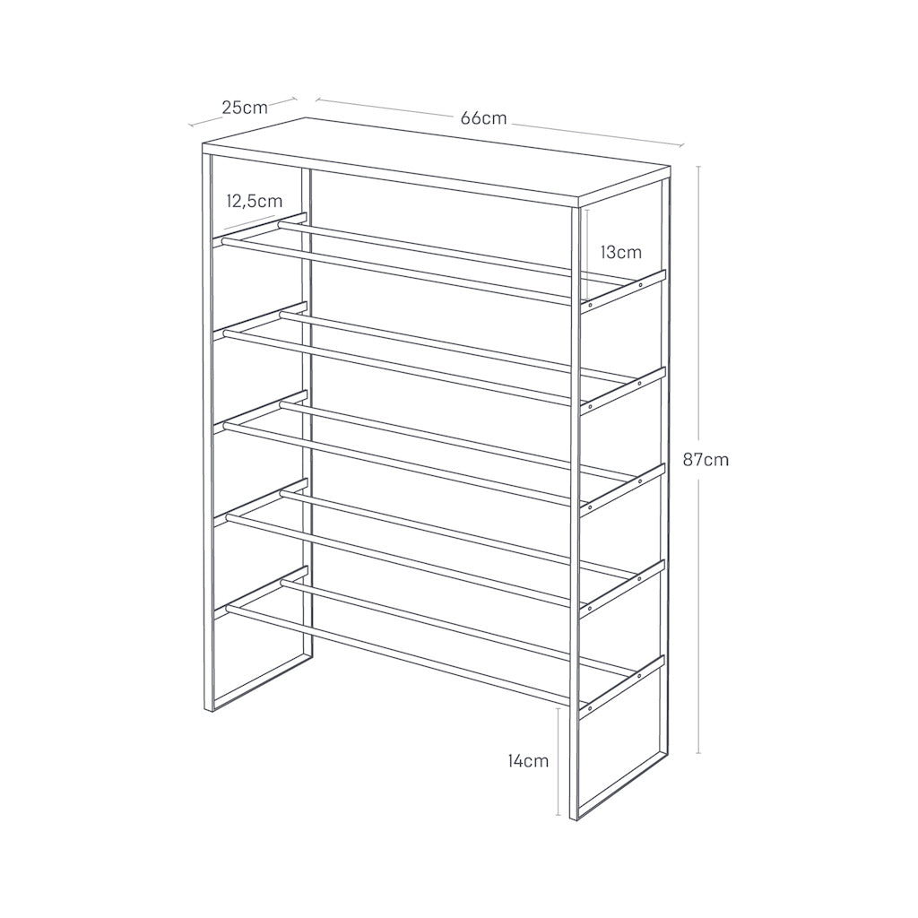 Skostativ med åpent design for enkel tilgang til skoene.