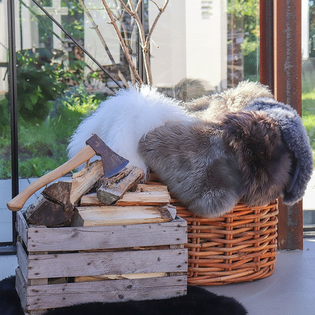 Dekorativt brunt lammeskinn på benk gir et rustikt og koselig uttrykk.