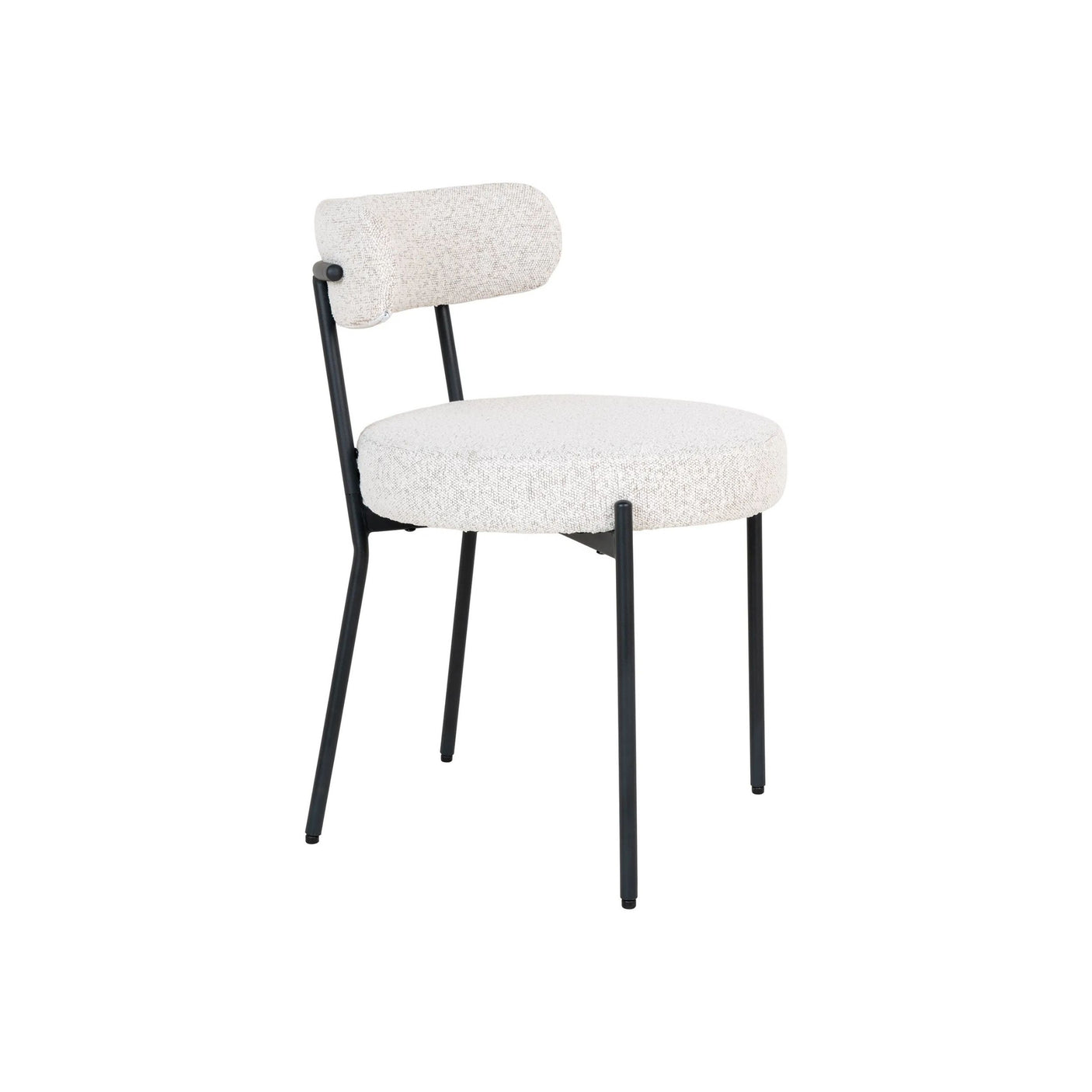 Moderne stol med lyse bouclé-seter og svarte metallben – elegant og komfortabel spisestuestol i minimalistisk nordisk design