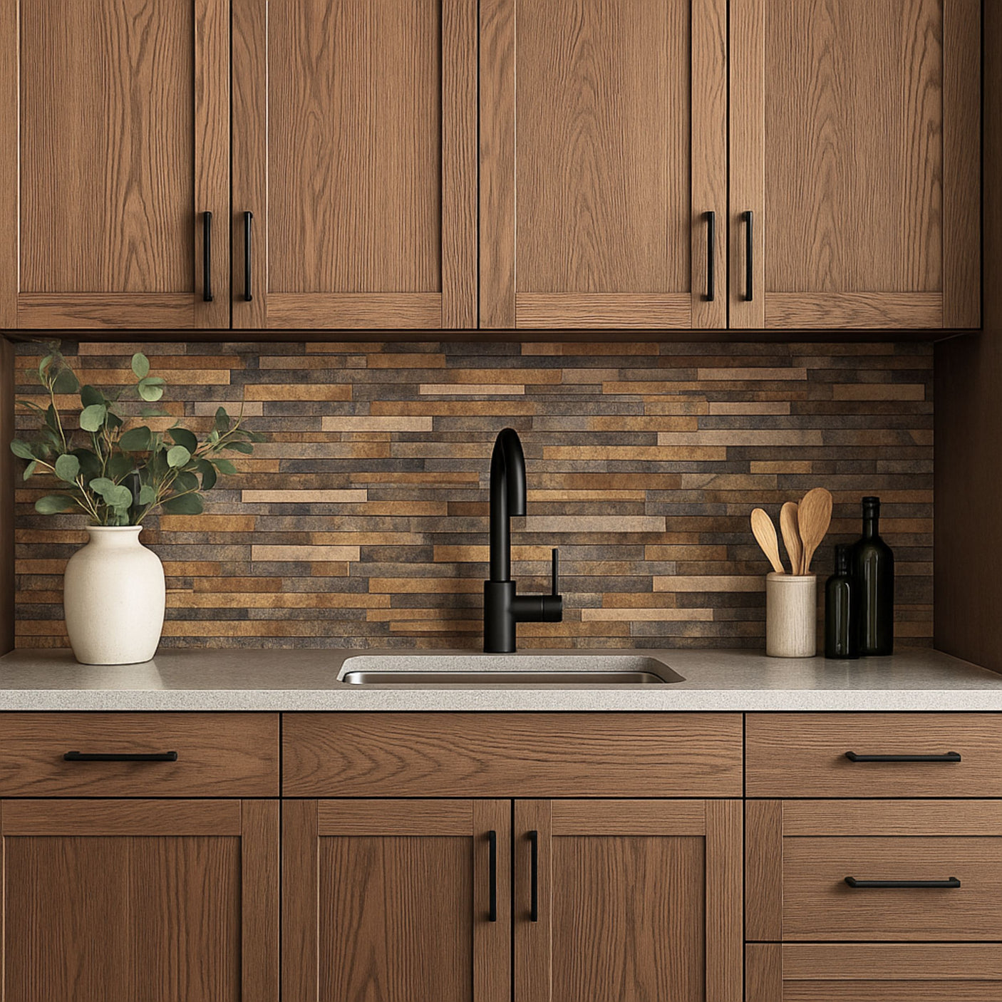 Moderne kjøkken med varme toner og Karoline selvklebende fliser i steinlook.