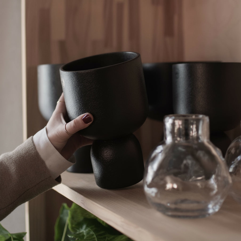 To sorte DBKD Post potter på hylle sammen med glassvase – Lindas Dekor