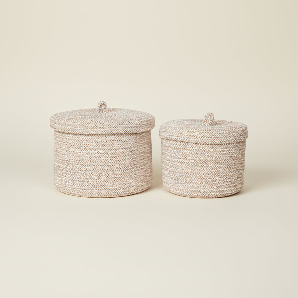 To runde oppbevaringskurver med lokk, 14x18 cm og 16x22 cm, naturlig flett"
