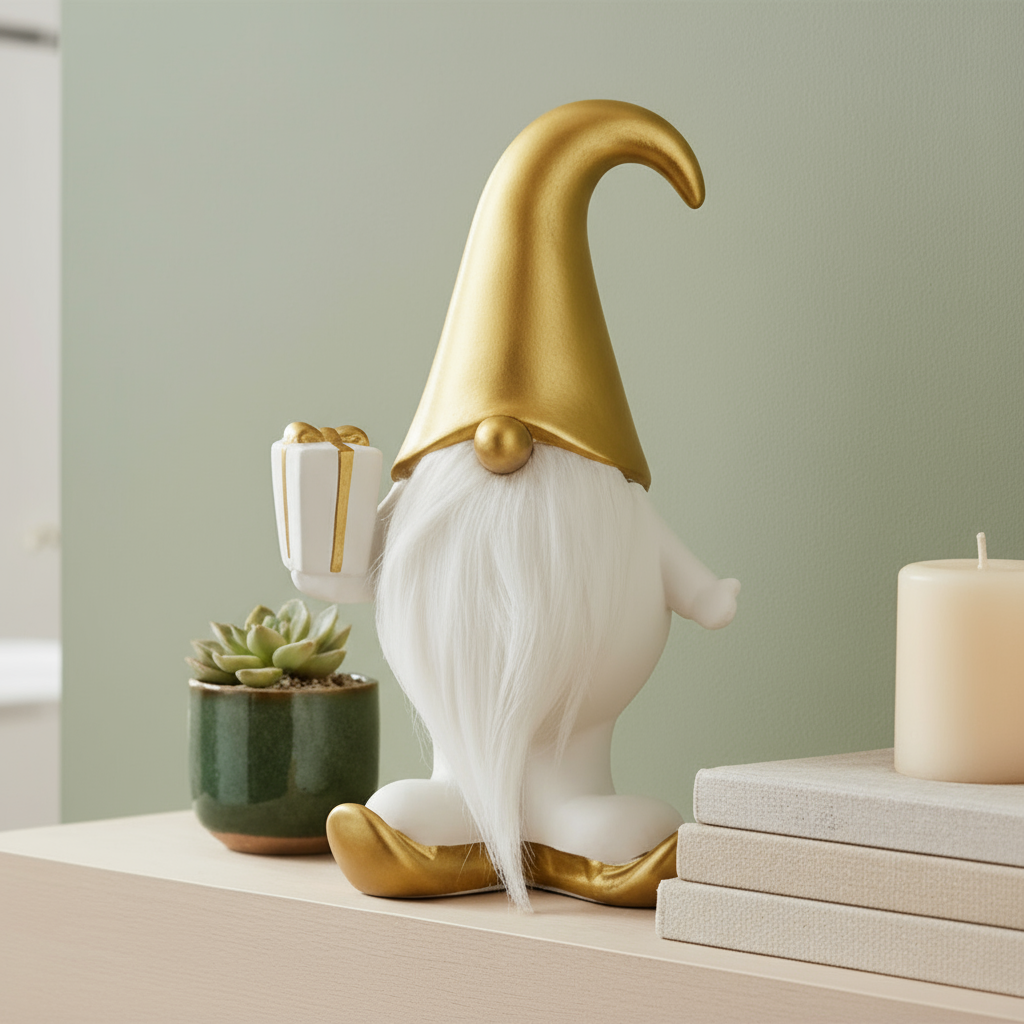 Mats nissefigur i hvitt og gull fra Lindas Dekor på lys hylle med julepynt