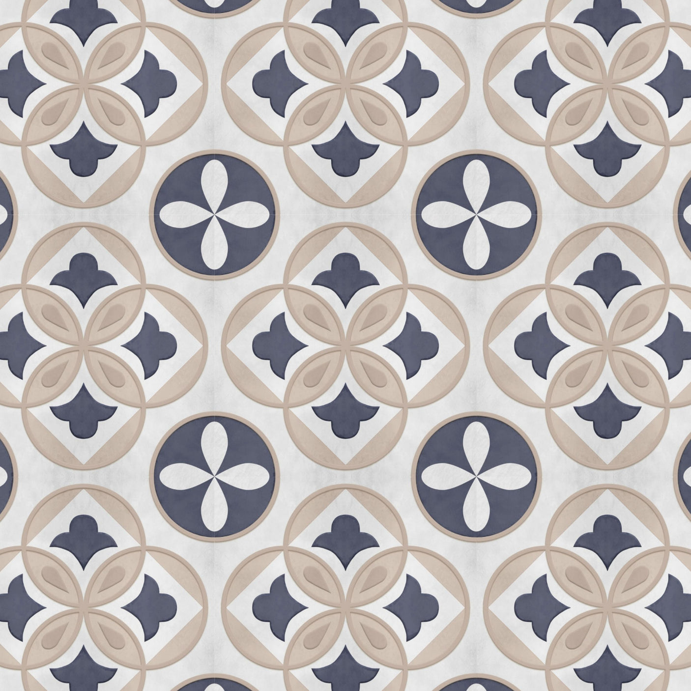 Clara blå selvklebende fliser imiterer et klassisk design i hvitt, lyst beige og blått. Den gir et elegant og sofistikert uttrykk.