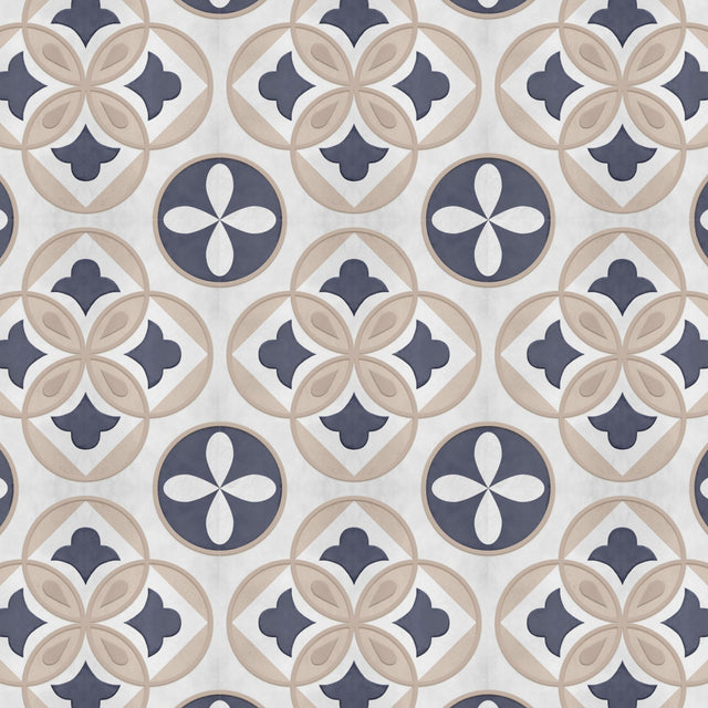 Clara blå selvklebende fliser imiterer et klassisk design i hvitt, lyst beige og blått. Den gir et elegant og sofistikert uttrykk.