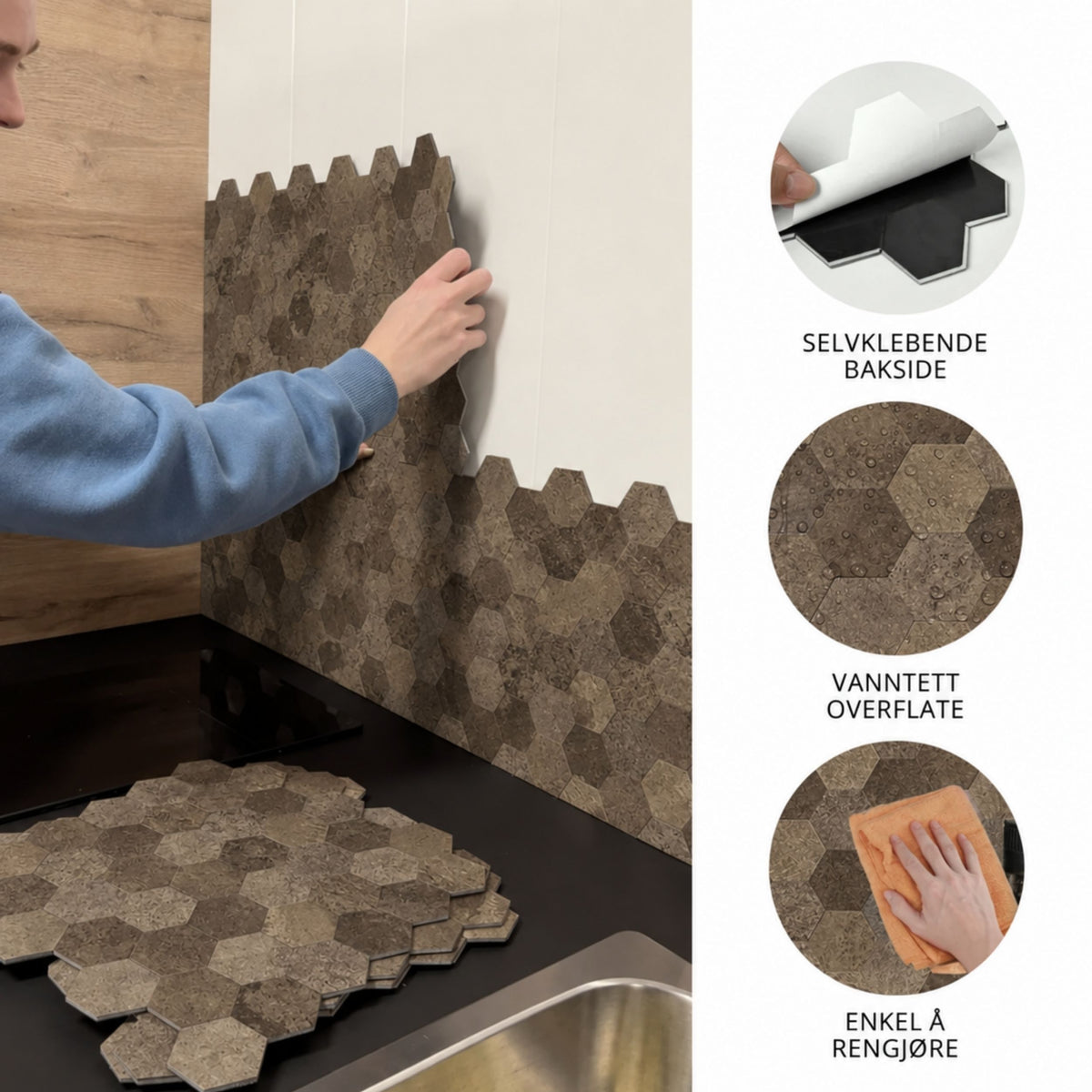 10-pk Hexagon brun betong selvklebende veggfliser