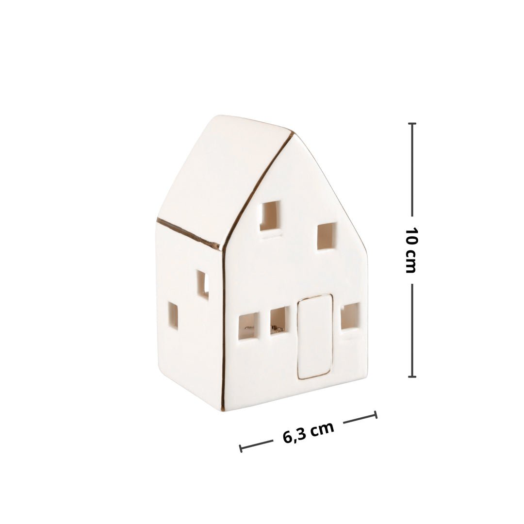 Hvitt keramikkhus med LED-belysning 10x6,3 cm - Nordby liten julepynt