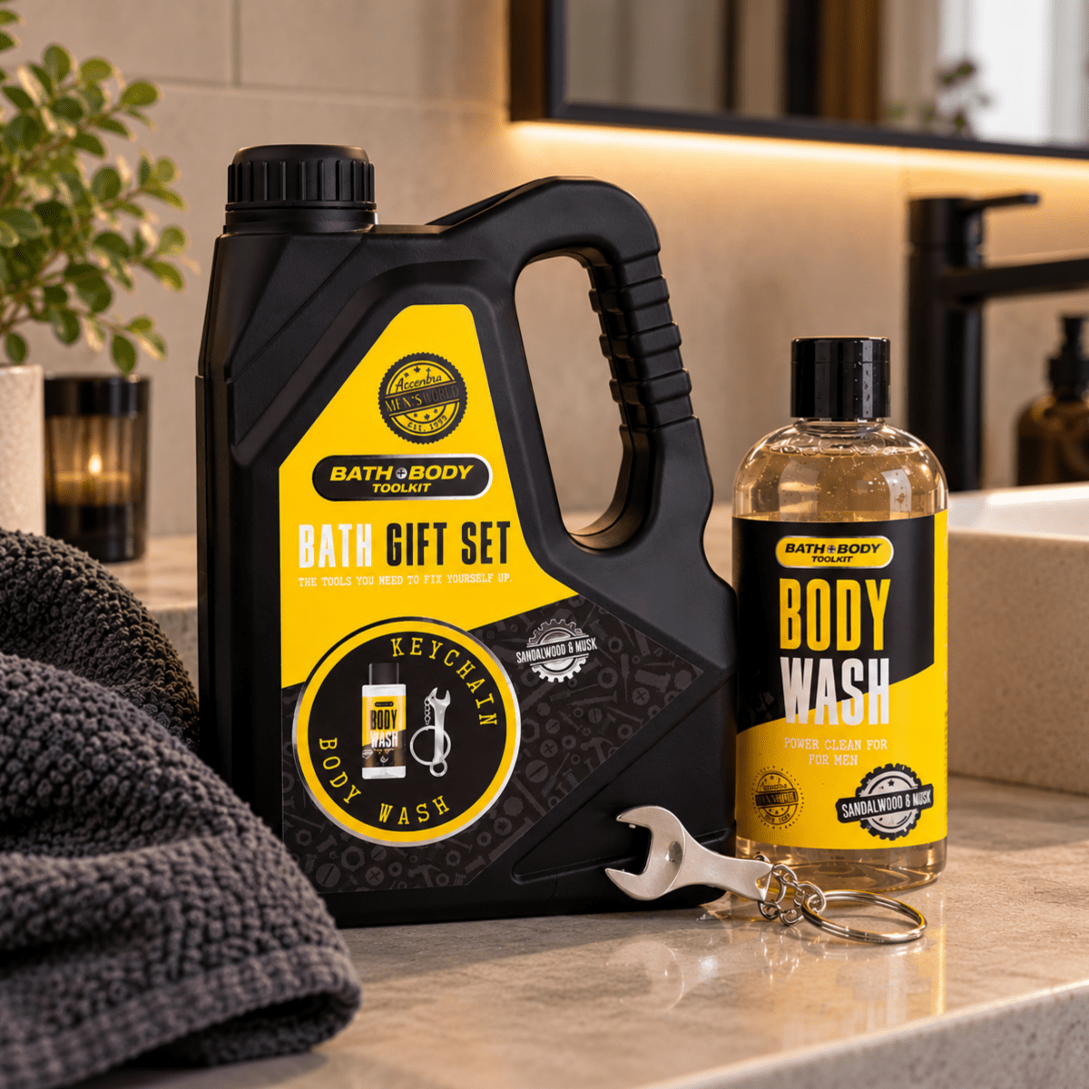 Gavesett oljekanne med dusjsåpe og nøkkelring 100 ml - Lindas Dekor Gavesett