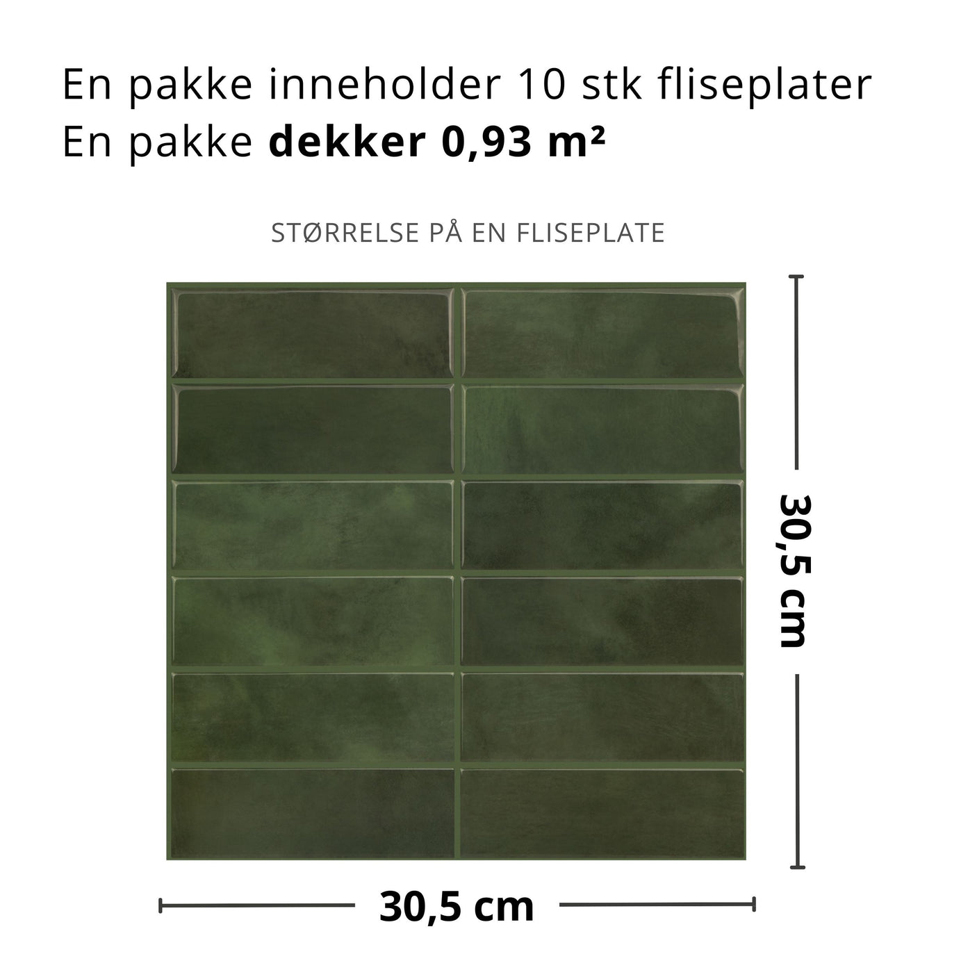 Nærbilde av Adelina grønn selvklebende flis med glossy overflate og realistisk flisfølelse.