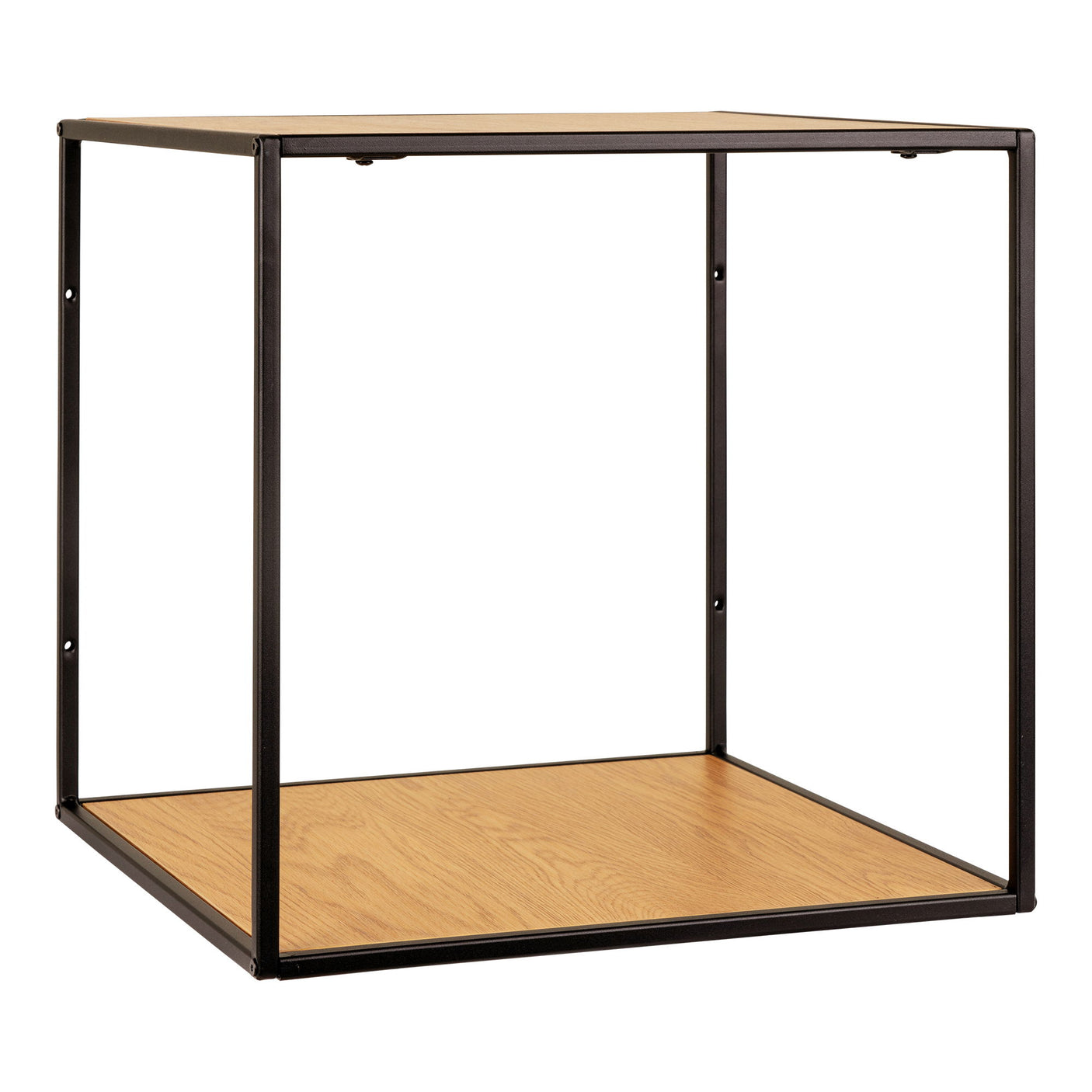 Kubeformet vegghylle 36 x 36 x 36 cm i eikelook og sort metall