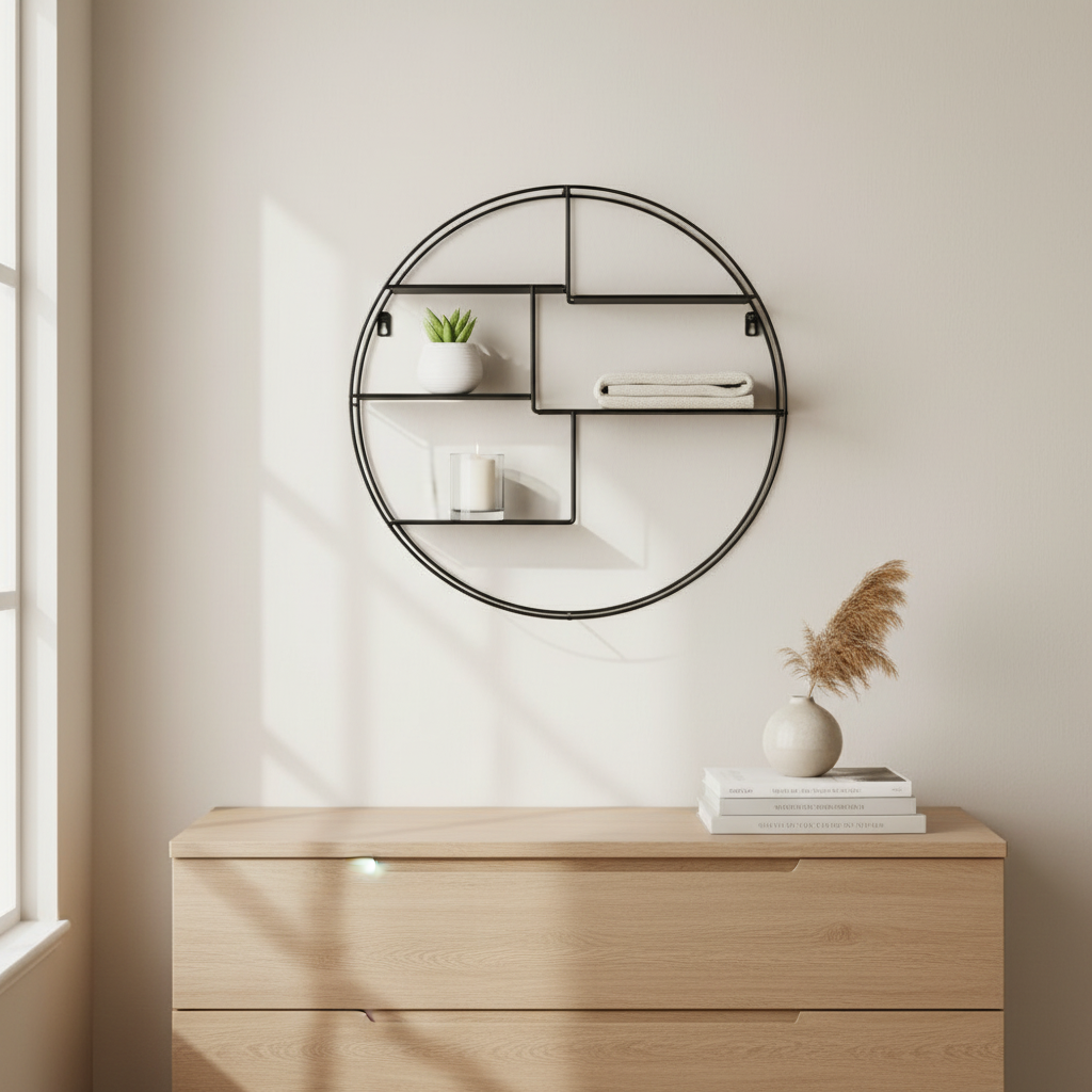 Sort rund vegghylle brukt som dekorativ veggoppbevaring