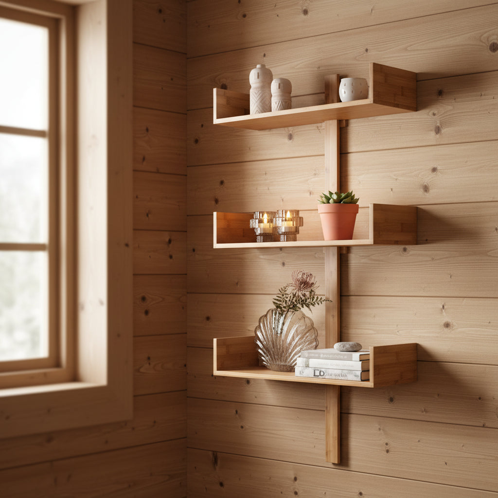 Vegghylle i bambus brukt til dekor