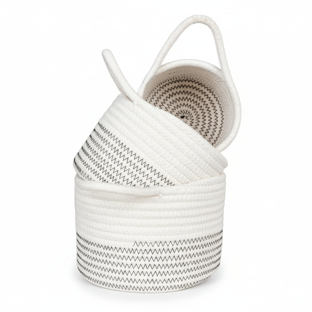 Sett med 3 hvit/grå bomullskurver brukt til oppbevaring – produktbilde