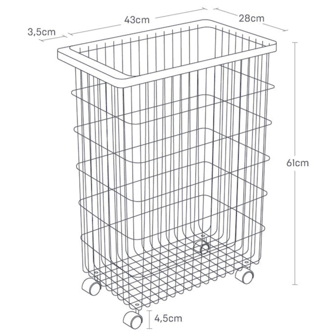 Teknisk tegning med mål av sort skittentøyskurv på hjul i metall.