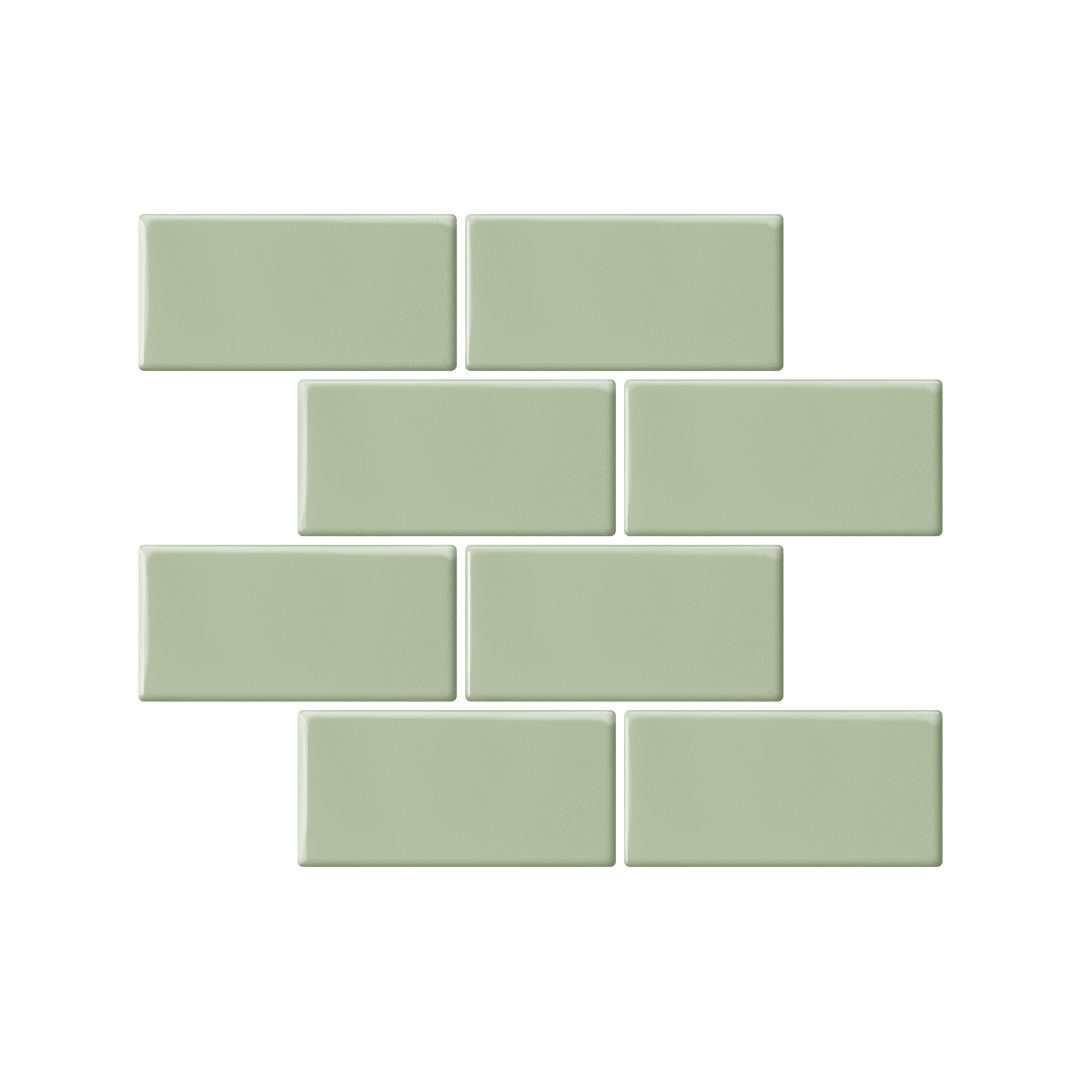 DIY subway-fliser i sage green, selvklebende design for rask og rimelig oppussing.