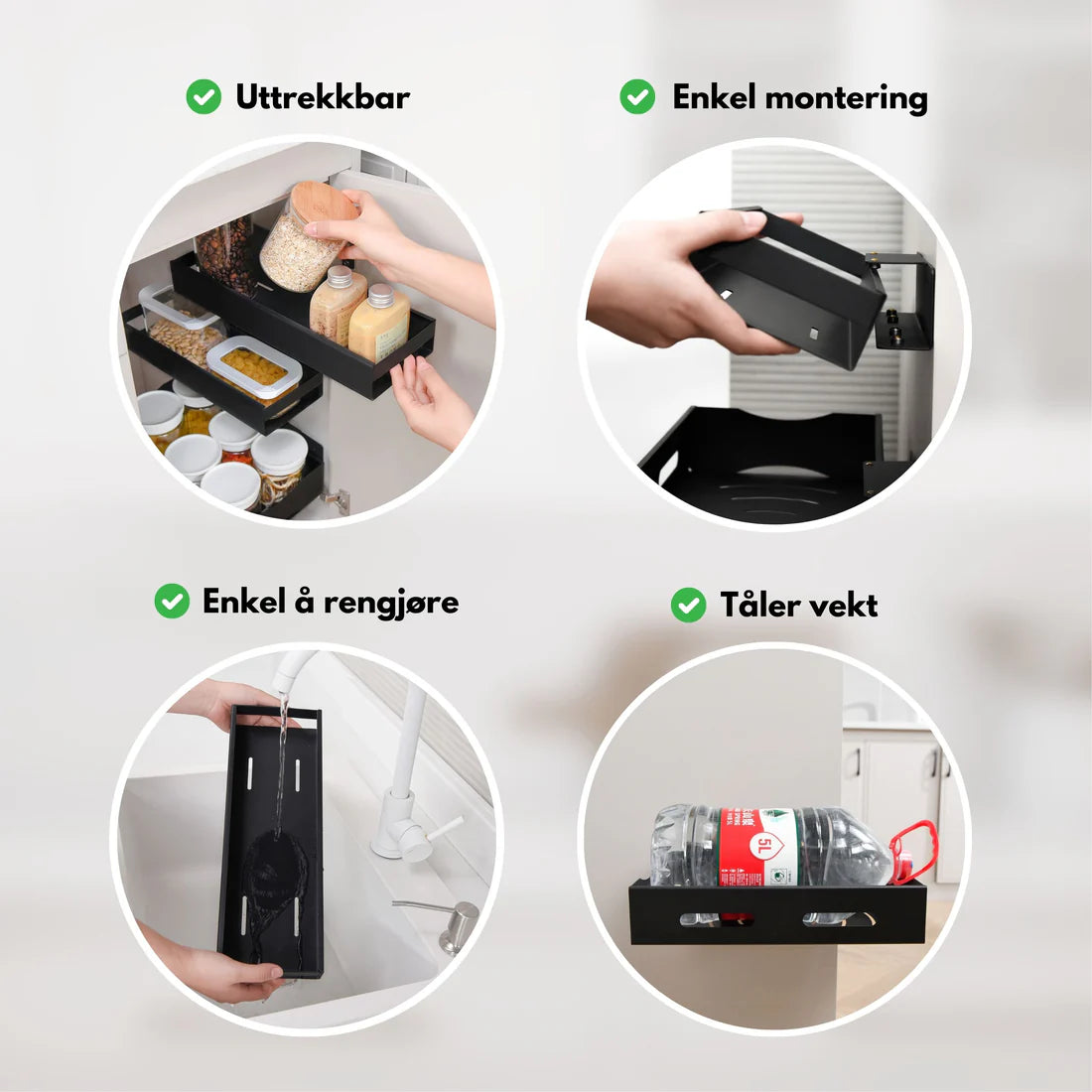 Uttrekkbare hyller med oppbevaring av glass og matbokser – ryddig og oversiktlig kjøkkenorganisering.