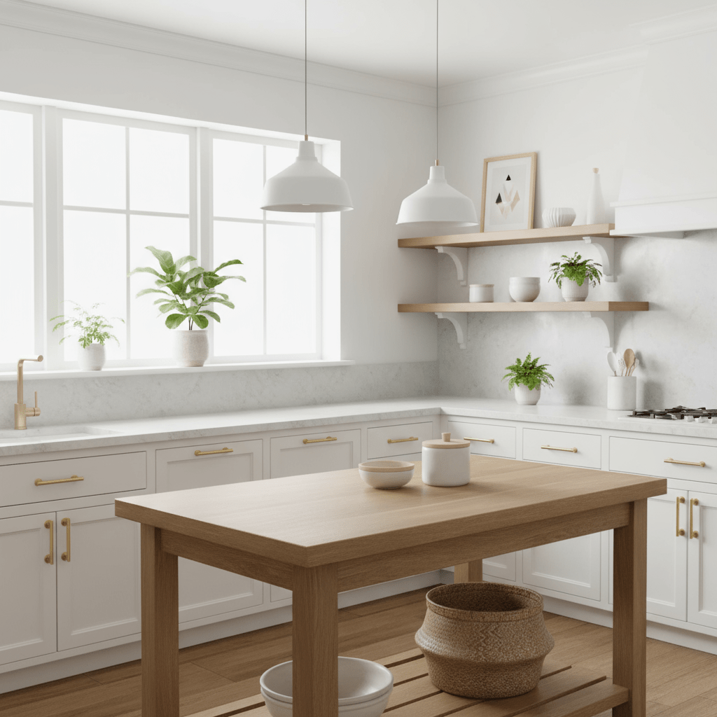 Lyst og moderne kjøkken med hvite skap, gullhåndtak og tremøbler, dekorert med grønne planter og naturdetaljer.