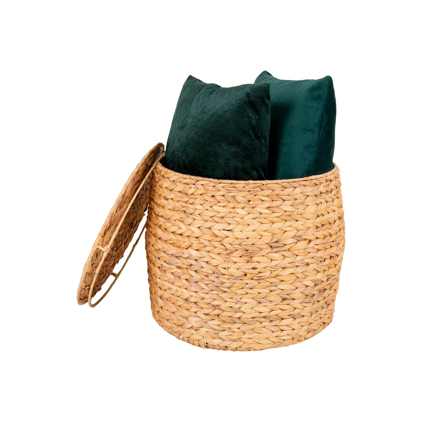 Oppbevaringskurv i flettet sjøgress med lokk, praktisk og dekorativ løsning til puter, pledd og tekstiler i moderne hjem