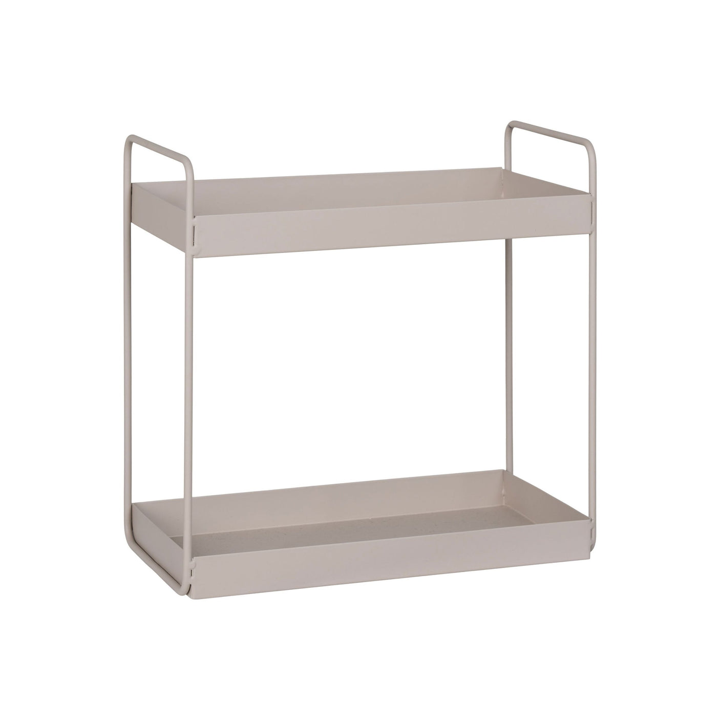 Beige metallhylle med to etasjer vist på hvit bakgrunn, tom for innhold.