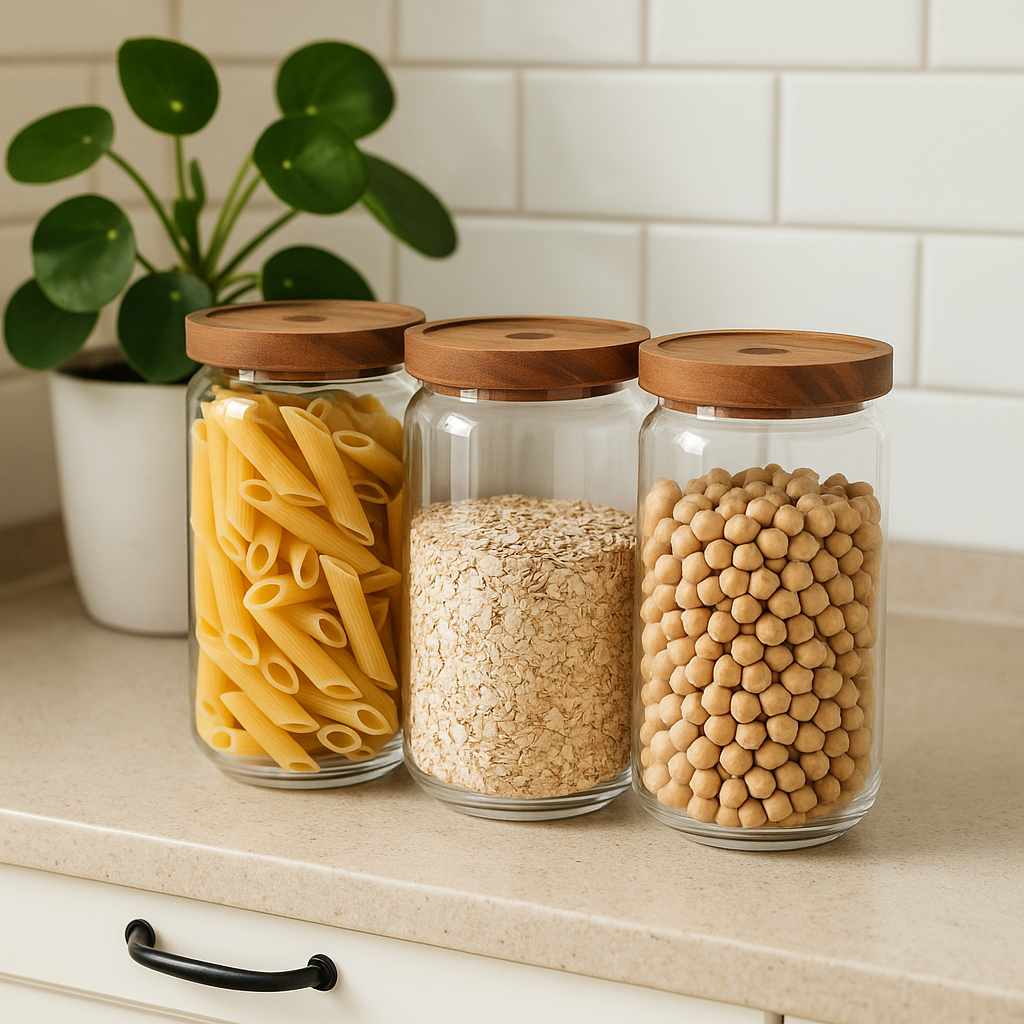 Tre glasskrukker med trelokk fylt med pasta, havregryn og kikerter står på kjøkkenbenk med grønn plante i bakgrunnen.