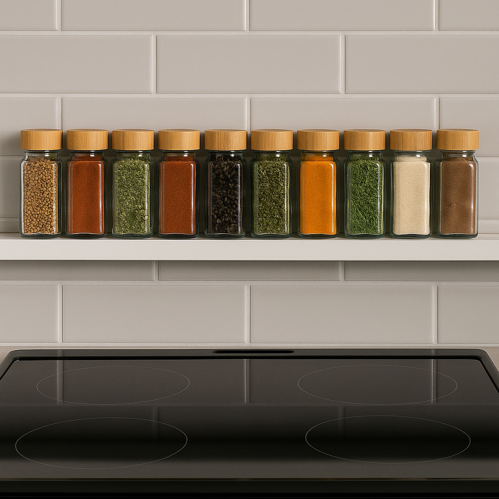 Tolv glass med bambuslokk fylt med krydder står på en hylle over en svart induksjonskomfyr.