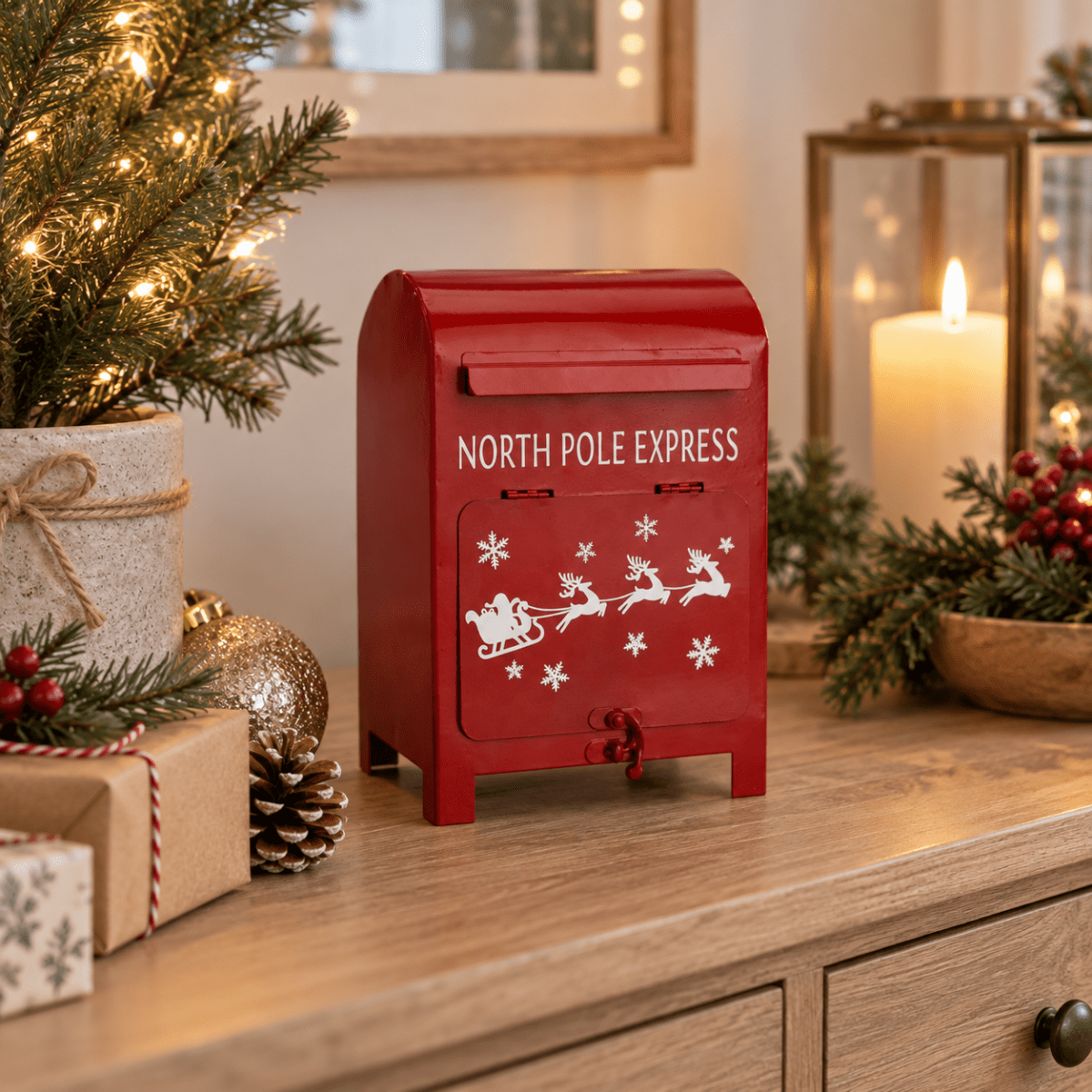 Julepostkasse North Pole Express rød metall 23 cm - Lindas Dekor Julepynt