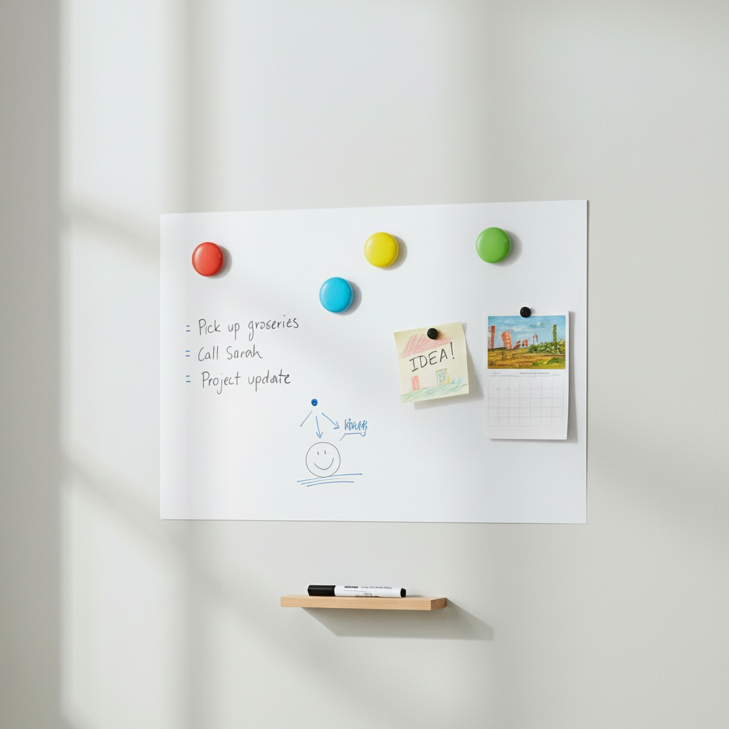 Magnetisk whiteboardfolie med magneter og notater på vegg