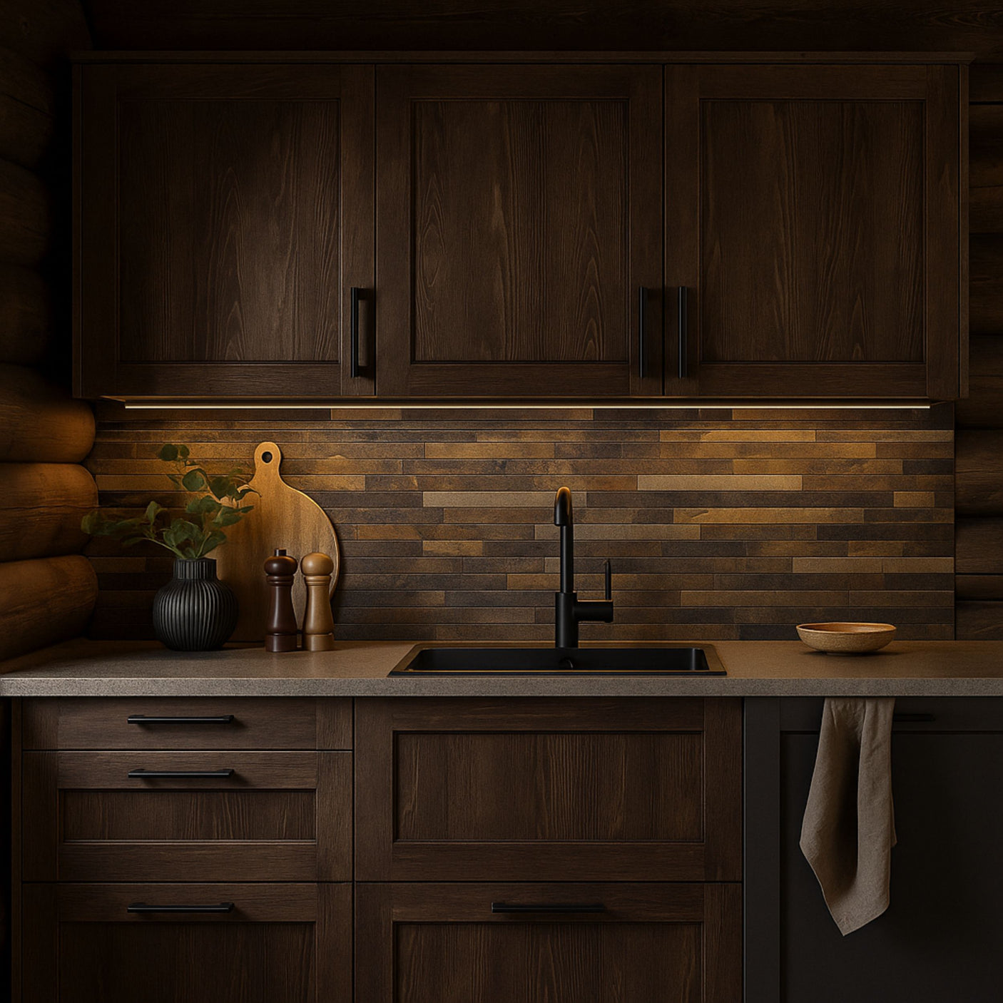 Hyttekjøkken i mørkt treverk med Karoline selvklebende fliser for et rustikt og eksklusivt uttrykk.