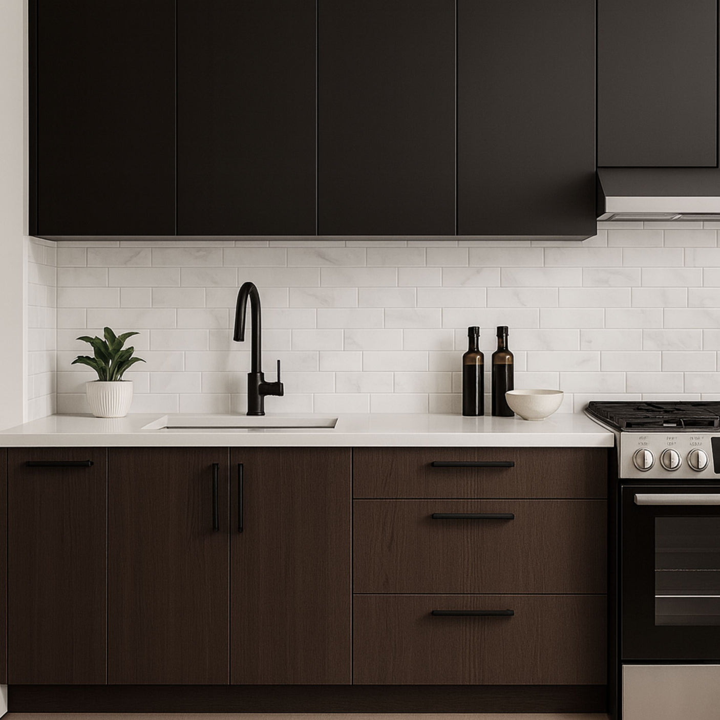 Elegant kjøkken med mørke skap og Subway marmor selvklebende fliser i klassisk mønster.