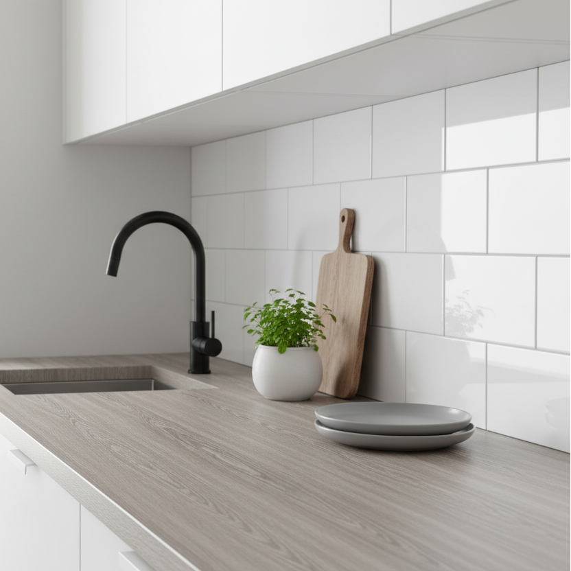 Detaljbilde av Manchester pine kontaktplast med autentisk trestruktur og gråtoner