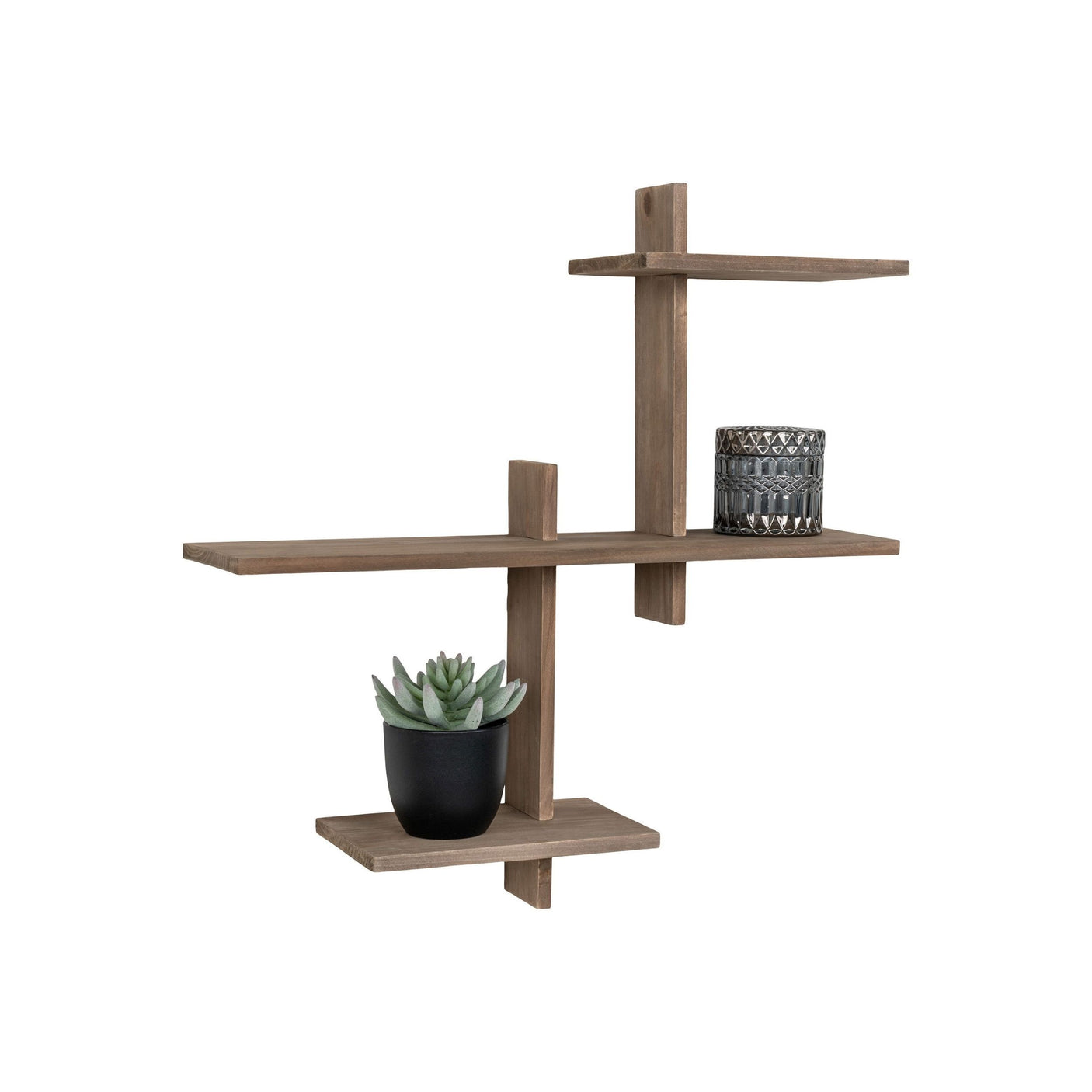 Vegghylle i naturfarget furu med to hyllenivåer, brukt til små dekorobjekter i lys gang – Gavi hylle fra House Nordic.