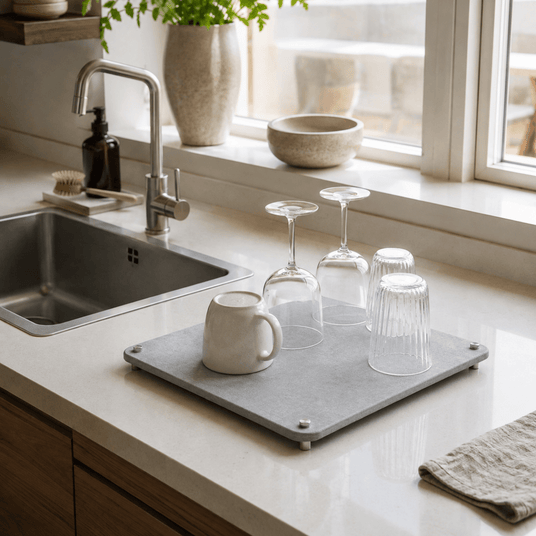 Grå oppvaskmatte i diatomitt brukt til tørking av kopper og glass ved kjøkkenvask.