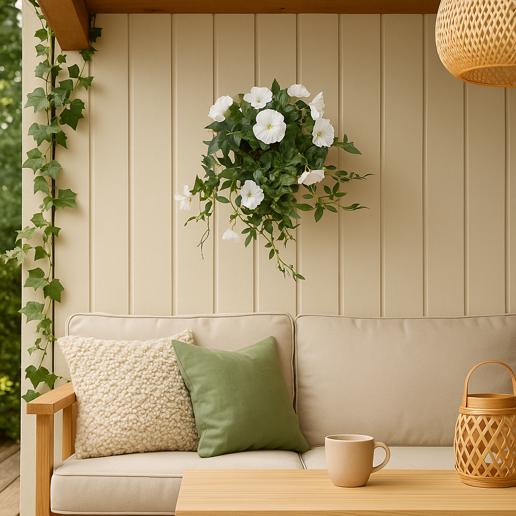 Hvit blomstrende eføy i veggpotte på panelvegg i stylet utestue med beige sofa, puter og naturlige detaljer.