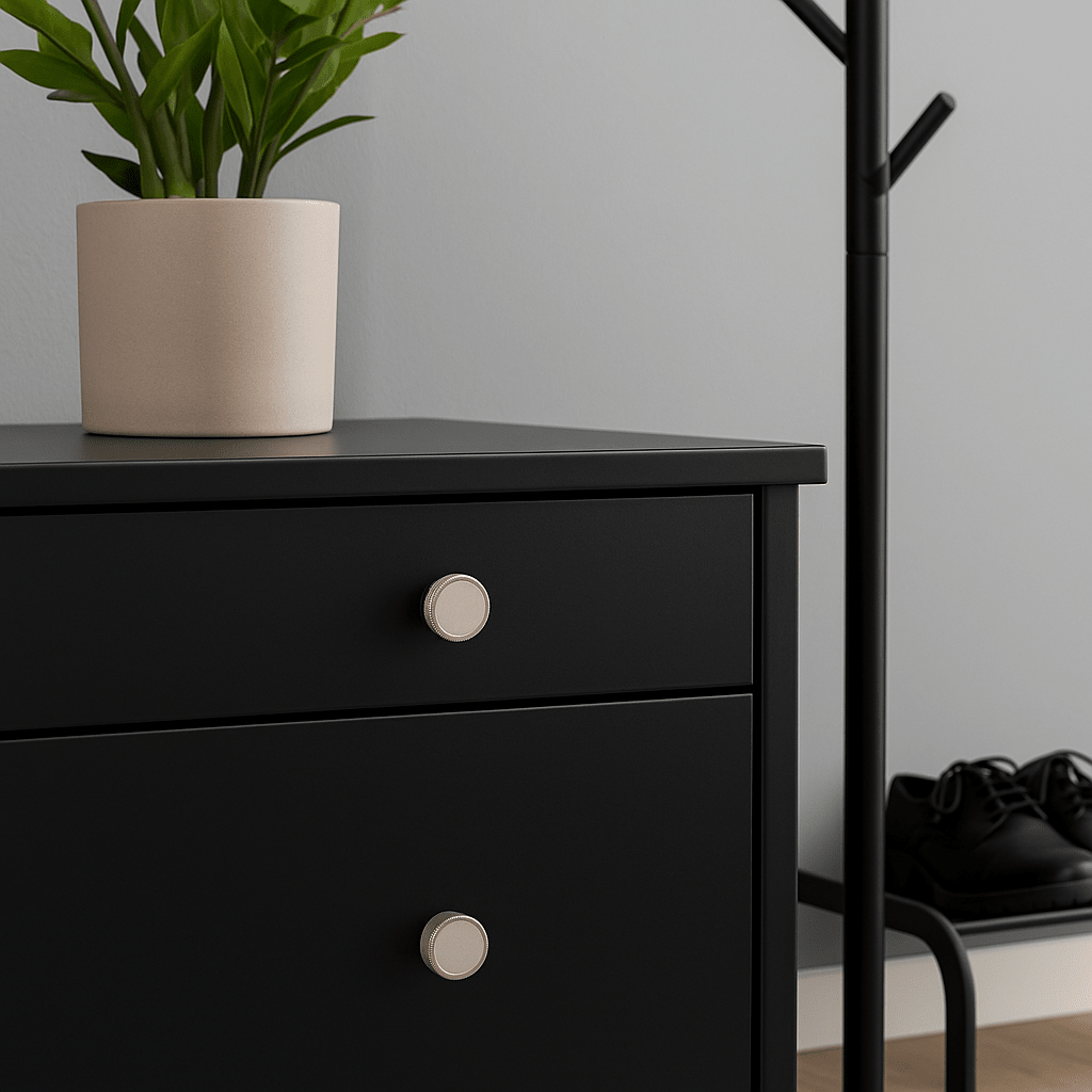 Knotter i børstet stål på sort kommode i gang. Grønn plante, sorte sko og stumtjener skaper et stilrent og moderne uttrykk.