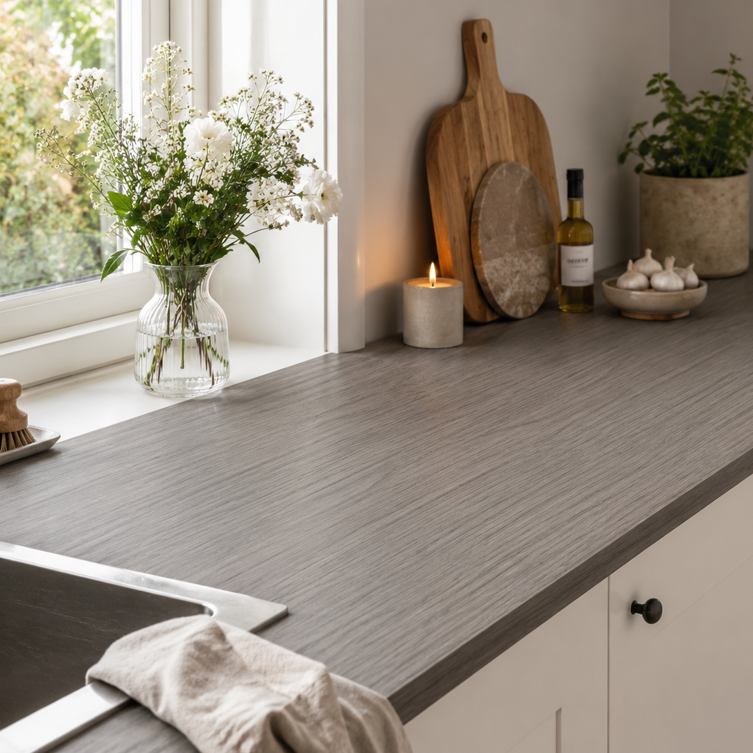 Köksbänk belagt med Calm Greige kontaktplast i varm gråbeige trefinish vid fönster med naturlig dagsljus