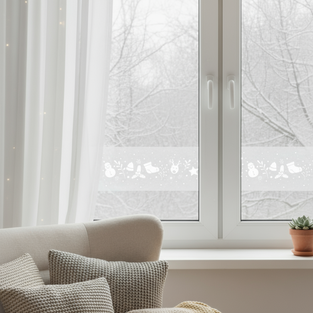 Vindusfolie med snømann og julestrømpe