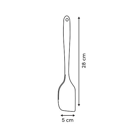 Målskisse av beige slikkepott i silikon med total lengde på 28 cm og bladbredde på 5 cm.