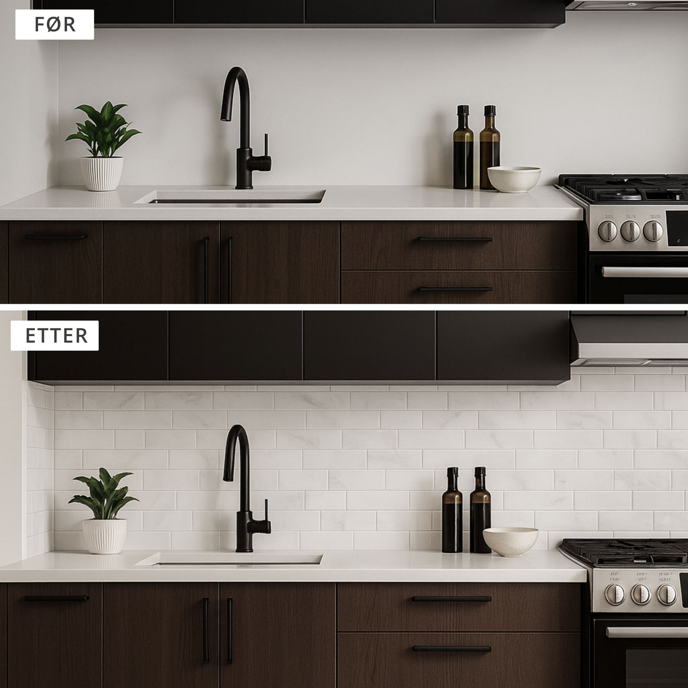 Før og etter bilde av kjøkkenoppussing med Subway marmor selvklebende veggfliser bak vasken.