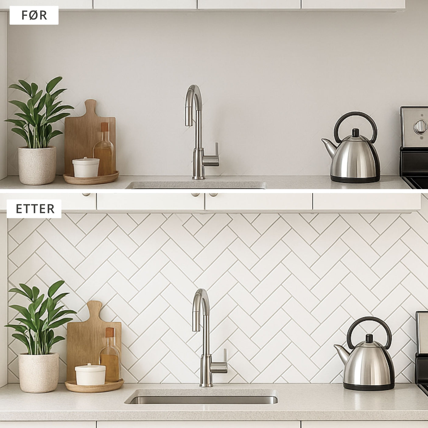 Før og etter bilde av kjøkkenvegg med Stein fiskeben marmor veggfliser.