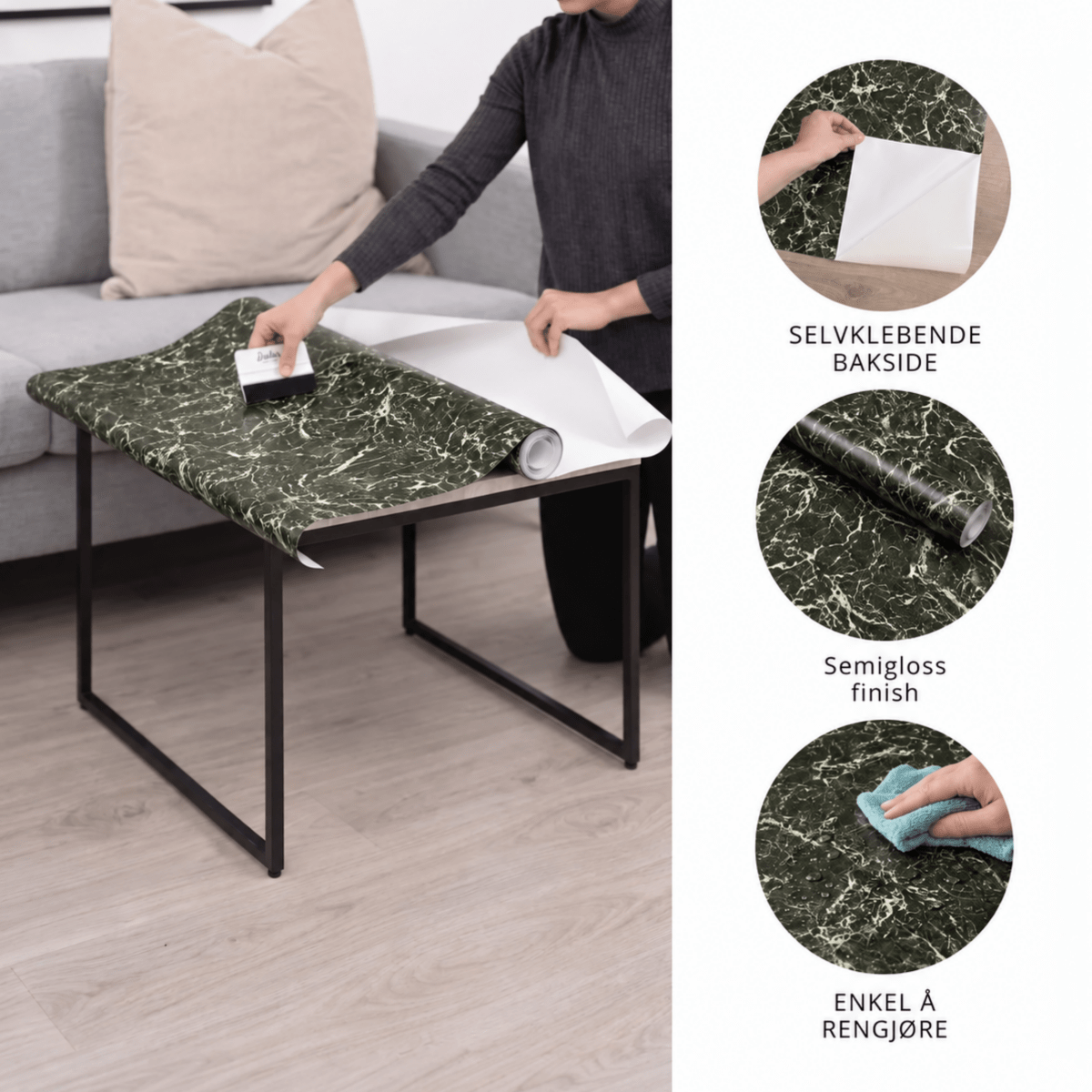 Kvinne legger Heritage marble emerald kontaktplast på bordplate, med egenskaper markert