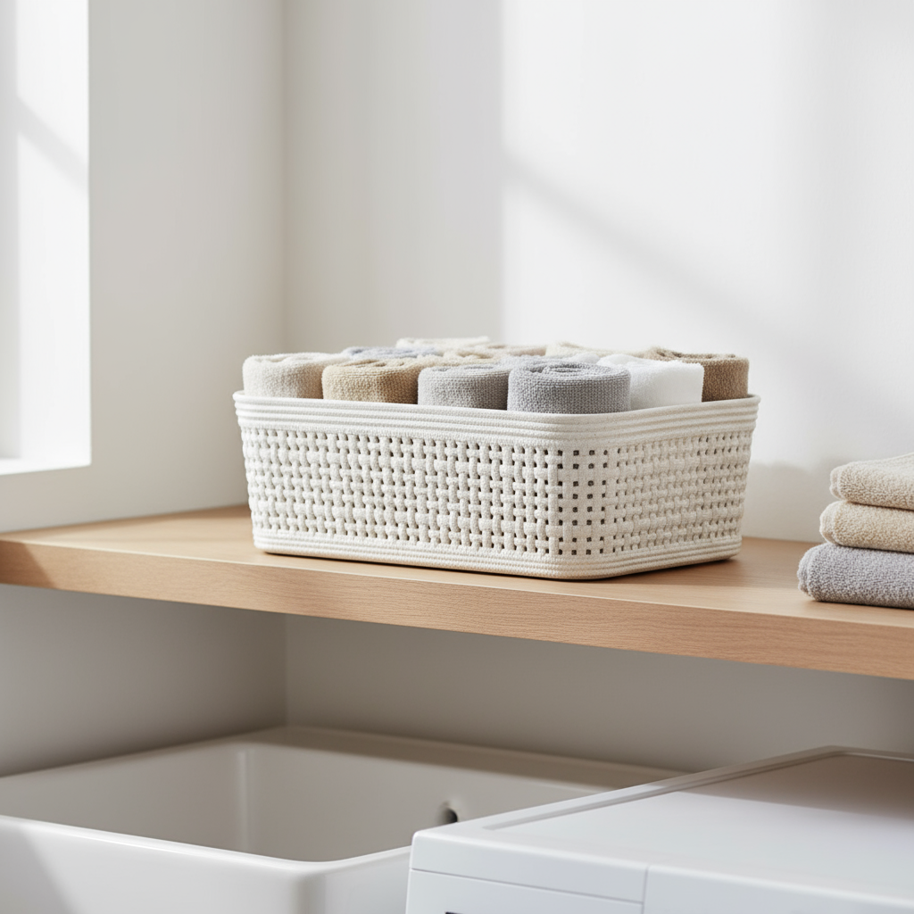 Oppbevaringskurv til baderom sandfarget plast vevd for småoppbevaring 2-pk