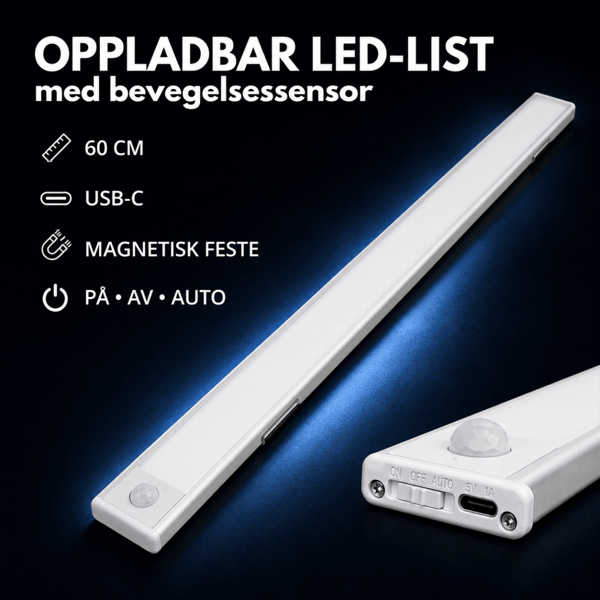 Oppladbar LED-list med bevegelsessensor 60 cm - Lindas Dekor LED-lampe
