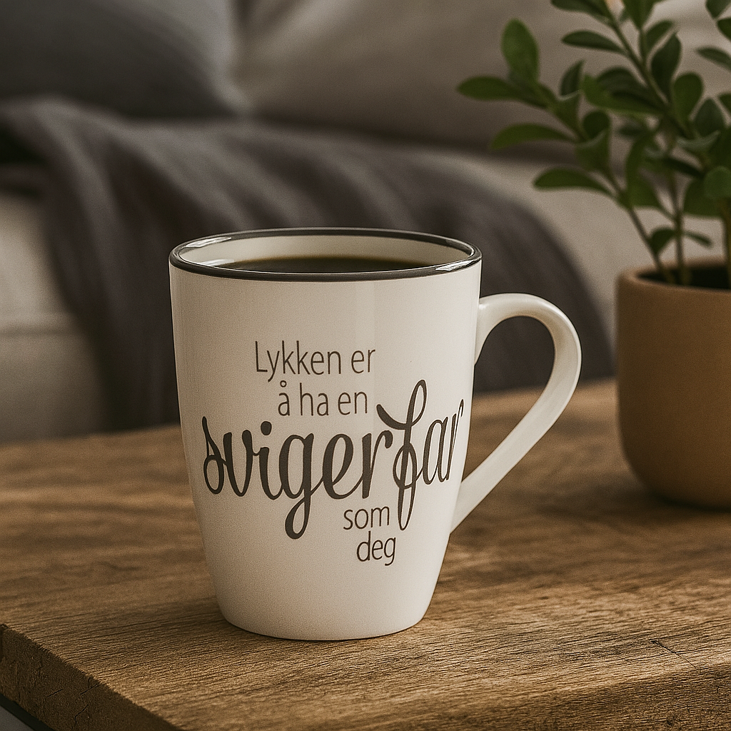 Hvit kopp med teksten "Lykken er å ha en svigerfar som deg" på trebord, med plante og pledd i bakgrunnen.
