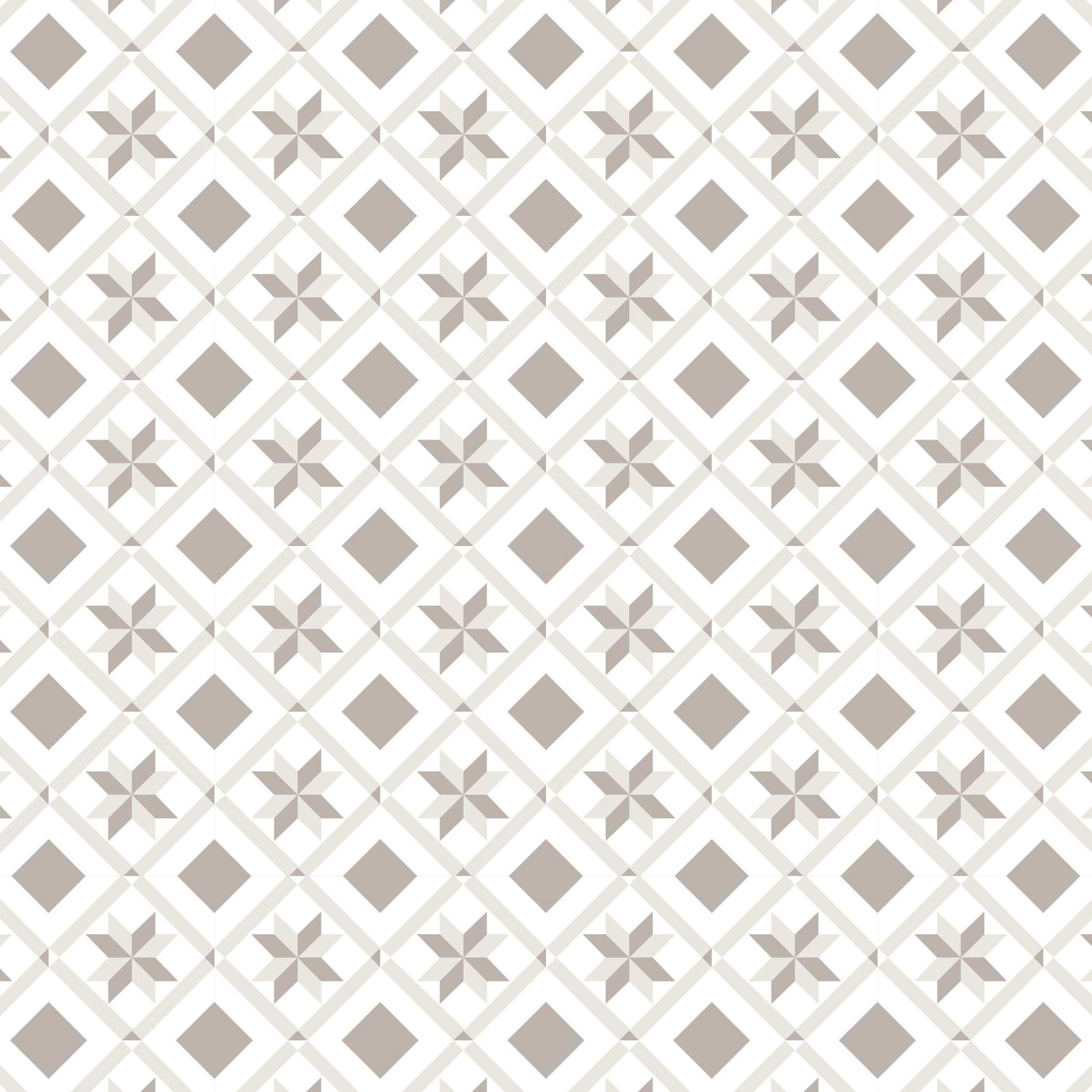 Oslo mini selvklebende fliser imiterer fliser med et klassisk design med stjerner og kvadrater i hvitt, beige og grått.
