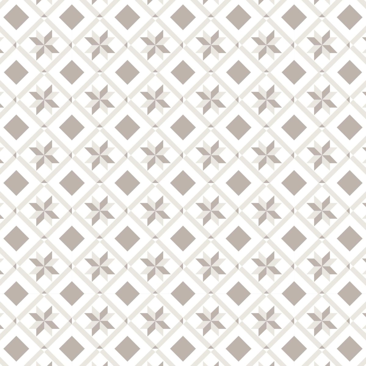 Oslo mini selvklebende fliser imiterer fliser med et klassisk design med stjerner og kvadrater i hvitt, beige og grått.